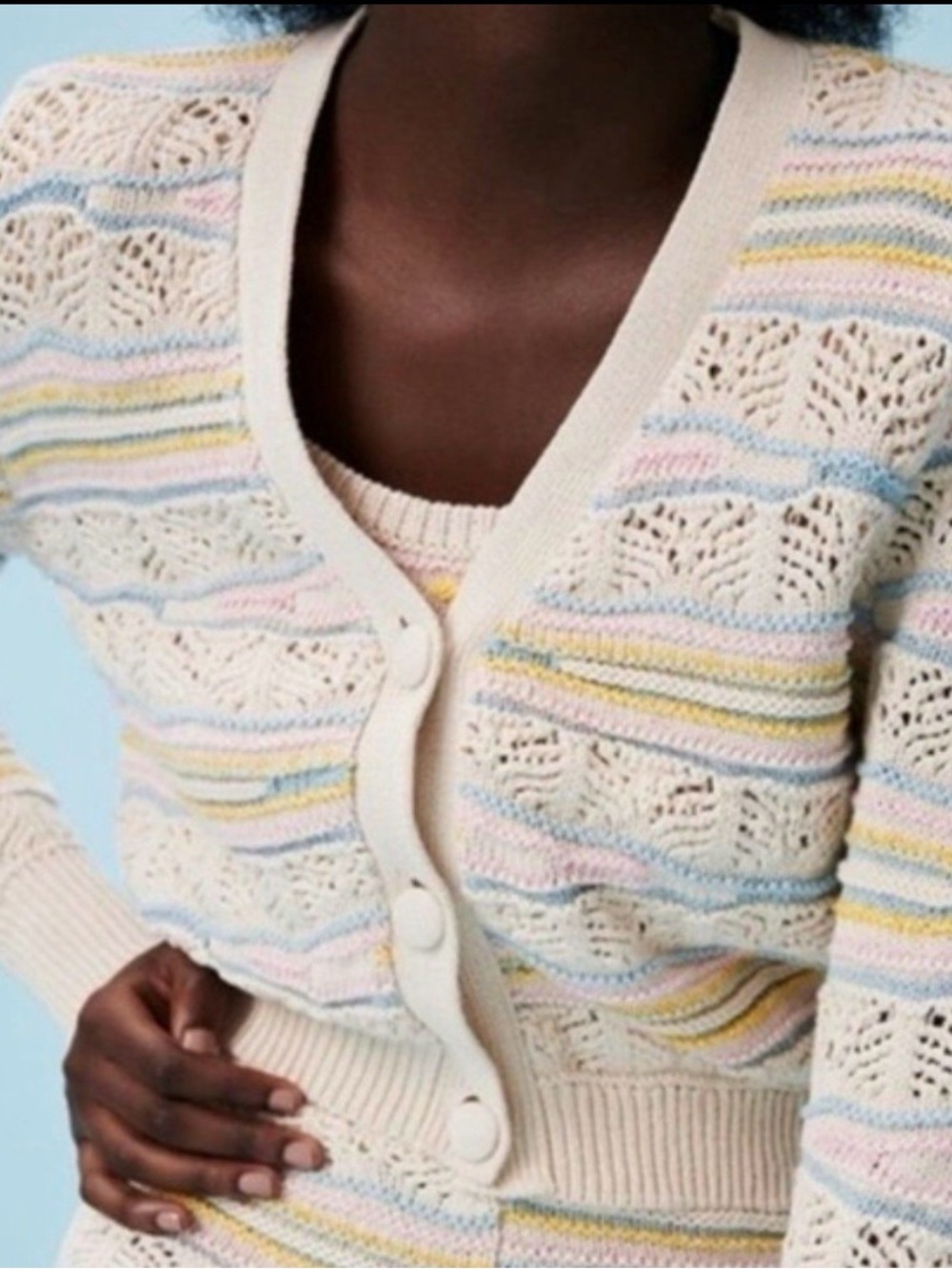 Zara Women’s Cream Knit Cardigan with Pastel Pink, Blue & Yellow Stripes size S